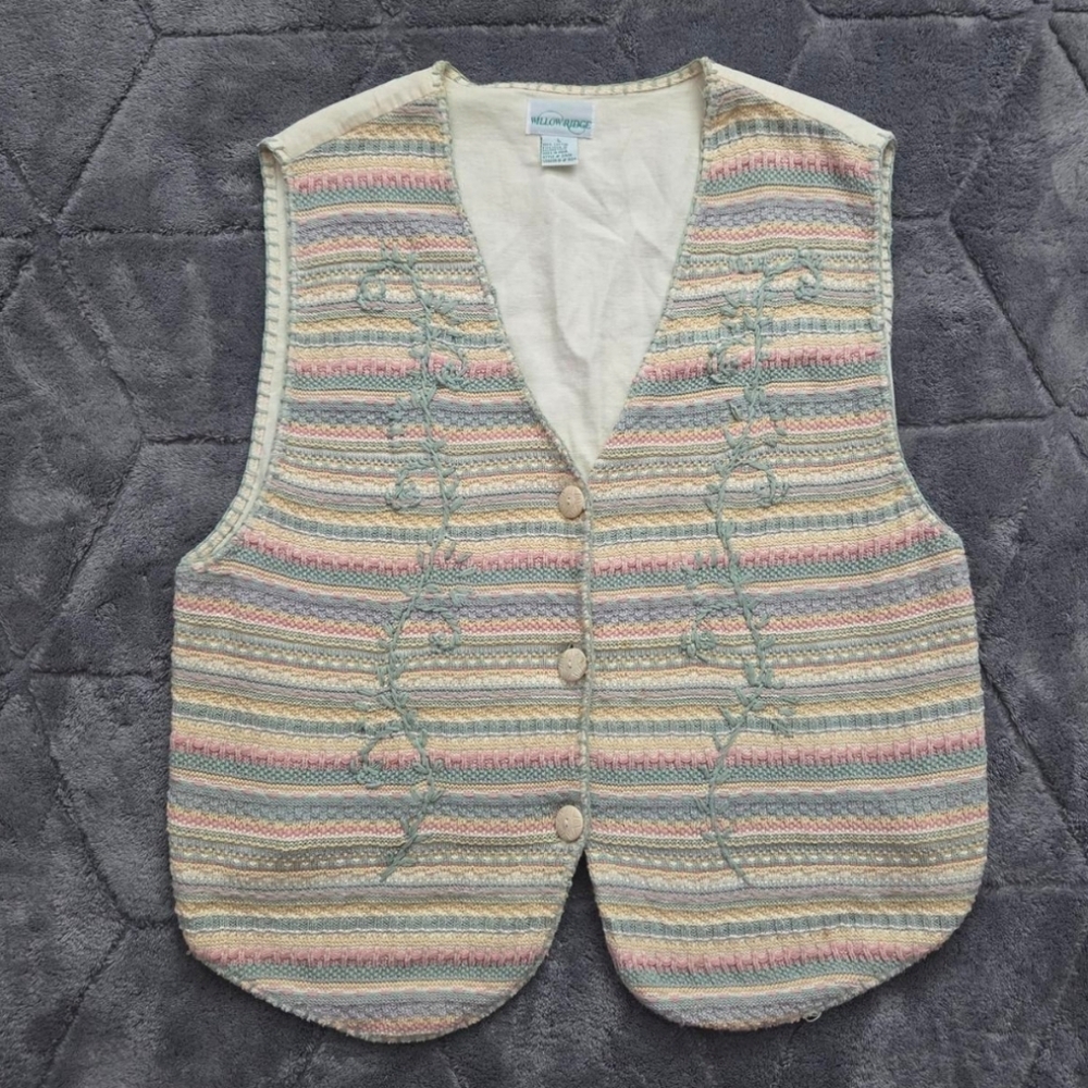 Willow Ridge Pastel Embroidered Cotton Button Up Vest Granny Cottage Boho Size L
